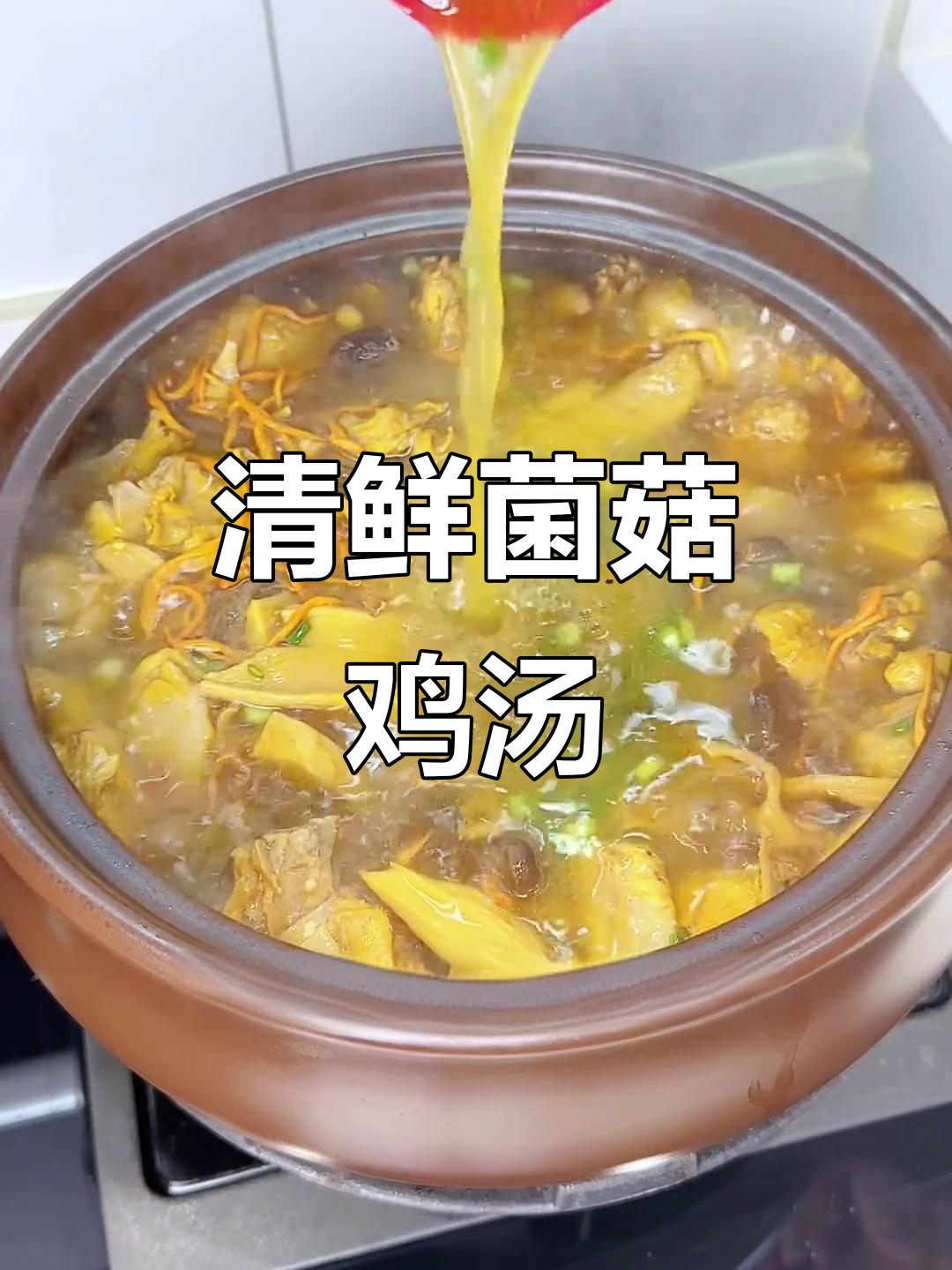 七种菌菇炖鸡汤，鸡肉鲜嫩不腥腻，汤底清甜滋补