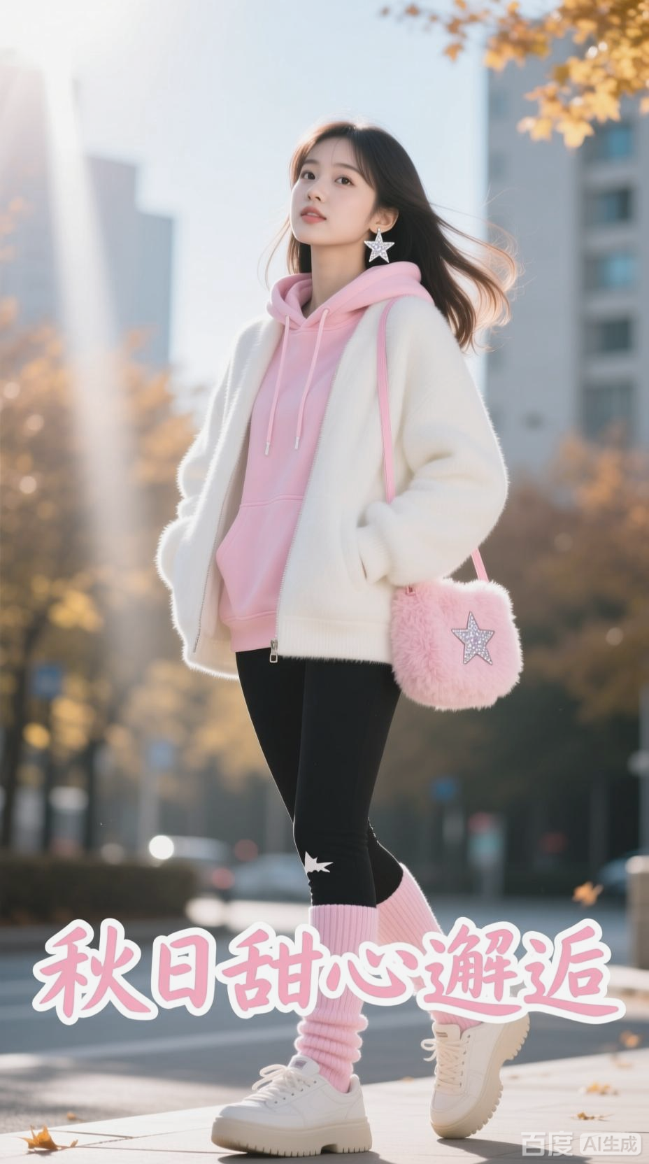 秋日户外,甜美少女的灵动瞬间