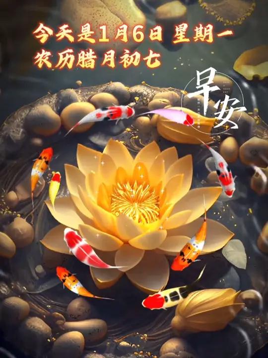 今天是1月6日,星期一,农历腊月初七。九鱼莲转,福运满庭,愿您生活如鱼得水,顺风顺水,财源