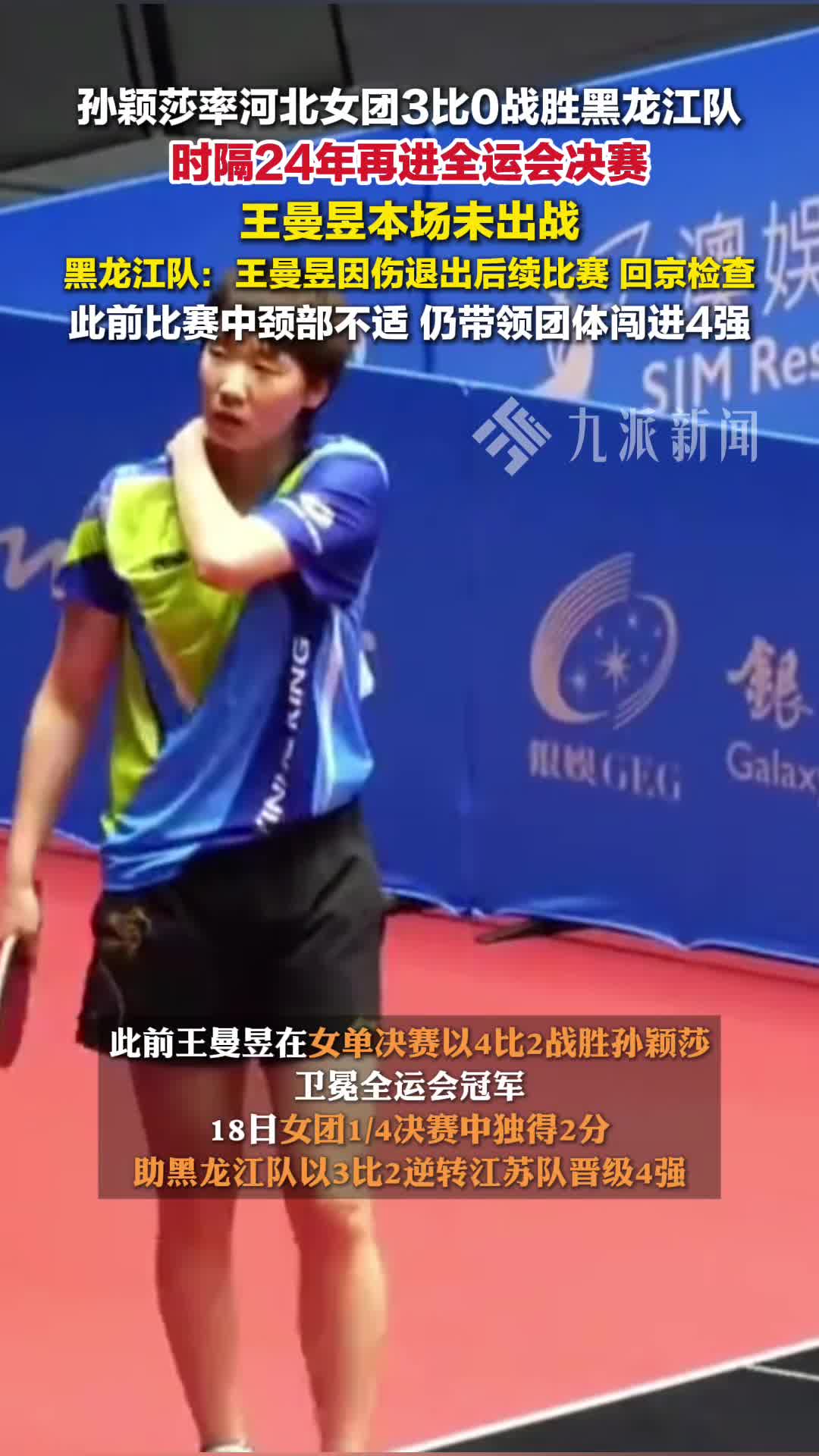 孙颖莎带领河北女团进入全运会决赛,黑龙江队宣布王曼昱因伤退出后续比赛