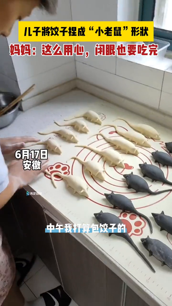 儿子把饺子捏成了“小老鼠”形状,妈妈:这么用心,闭眼也要吃完