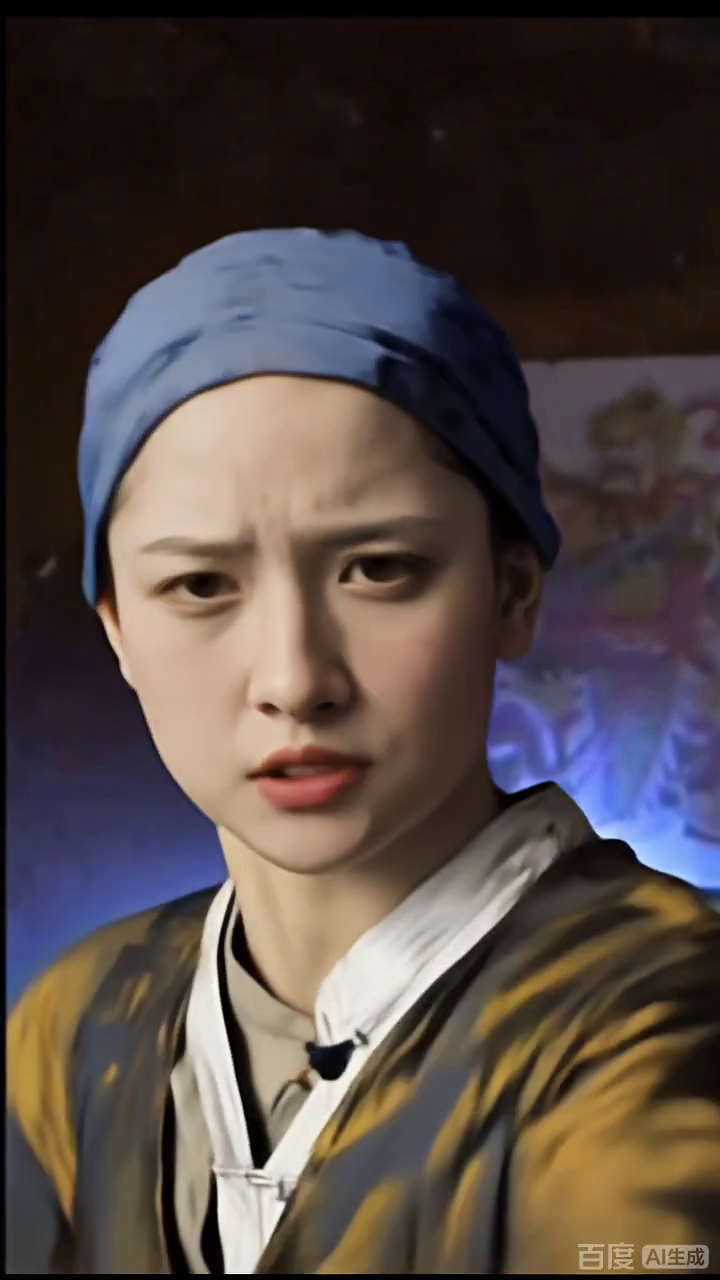 蓝头巾少女的油画脸