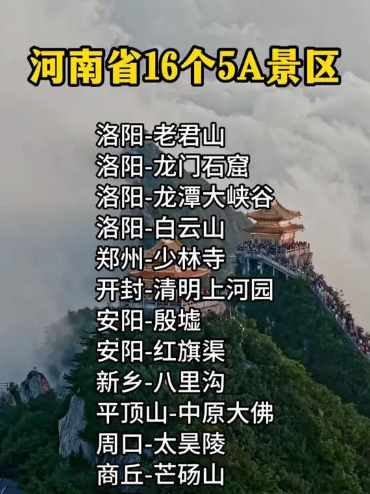 河南最值得去的16个5A级景区。你最喜欢那个?洛阳市4(个)龙门石窟景区 白云山景区 老君