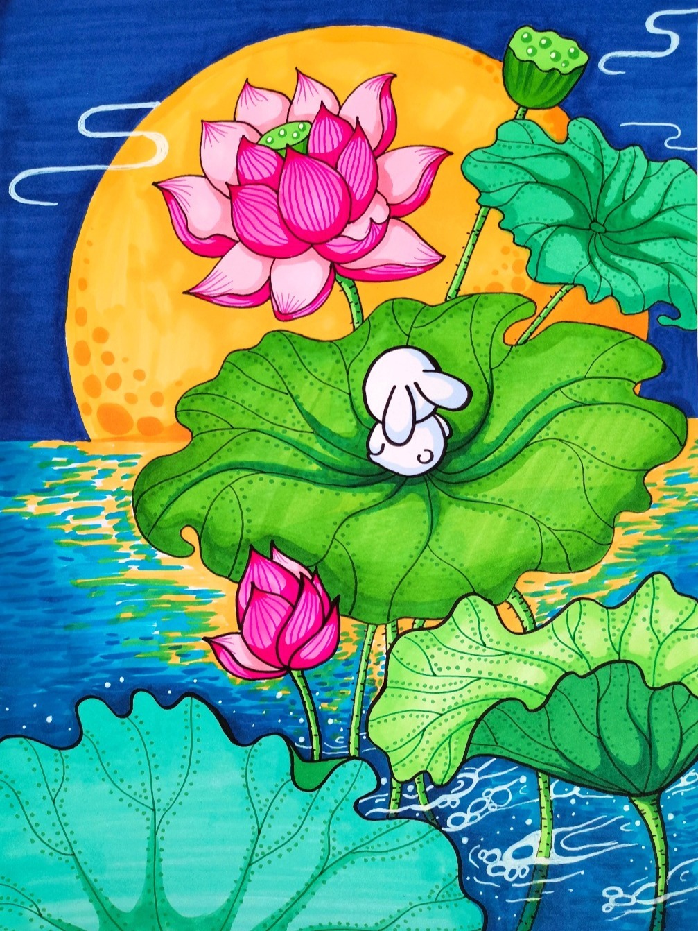 中秋节主题画《荷塘月色》,马克笔儿童画