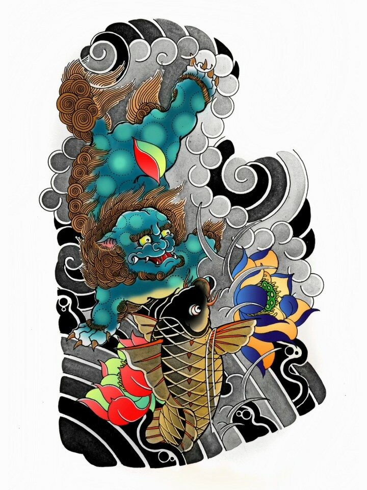 昆明纹身|寓意极好的唐狮锦鲤花臂