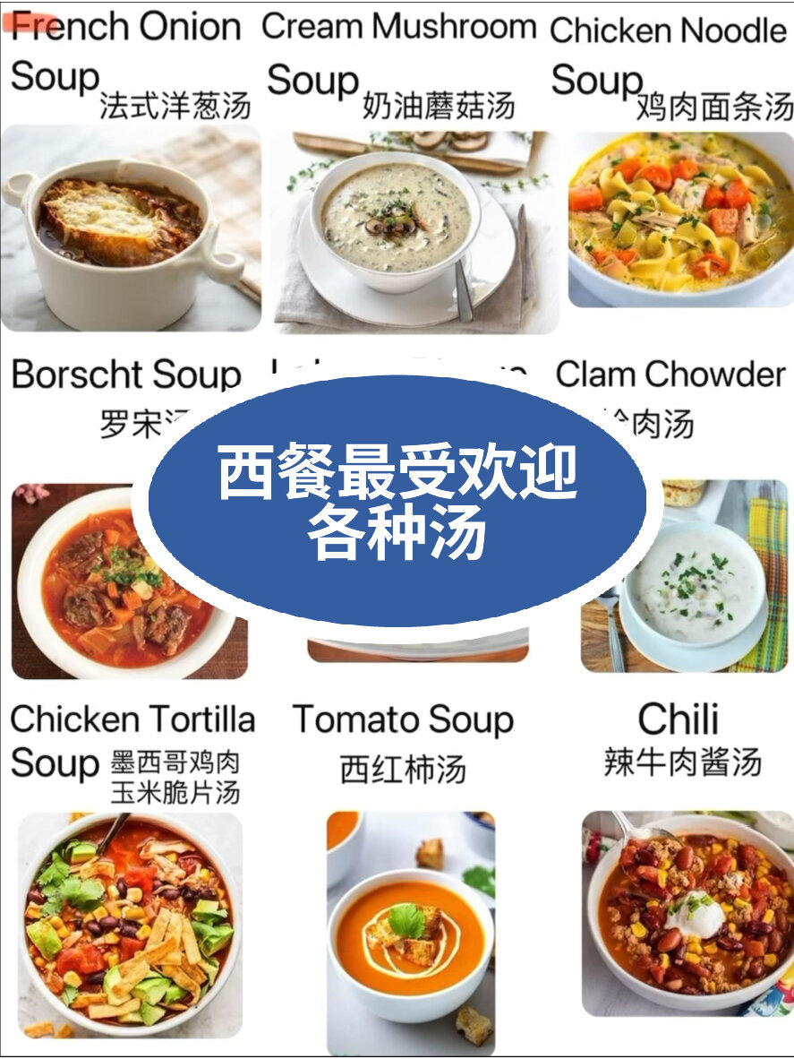 美食英语单词:洋葱汤/罗宋汤/奶油蘑菇汤
