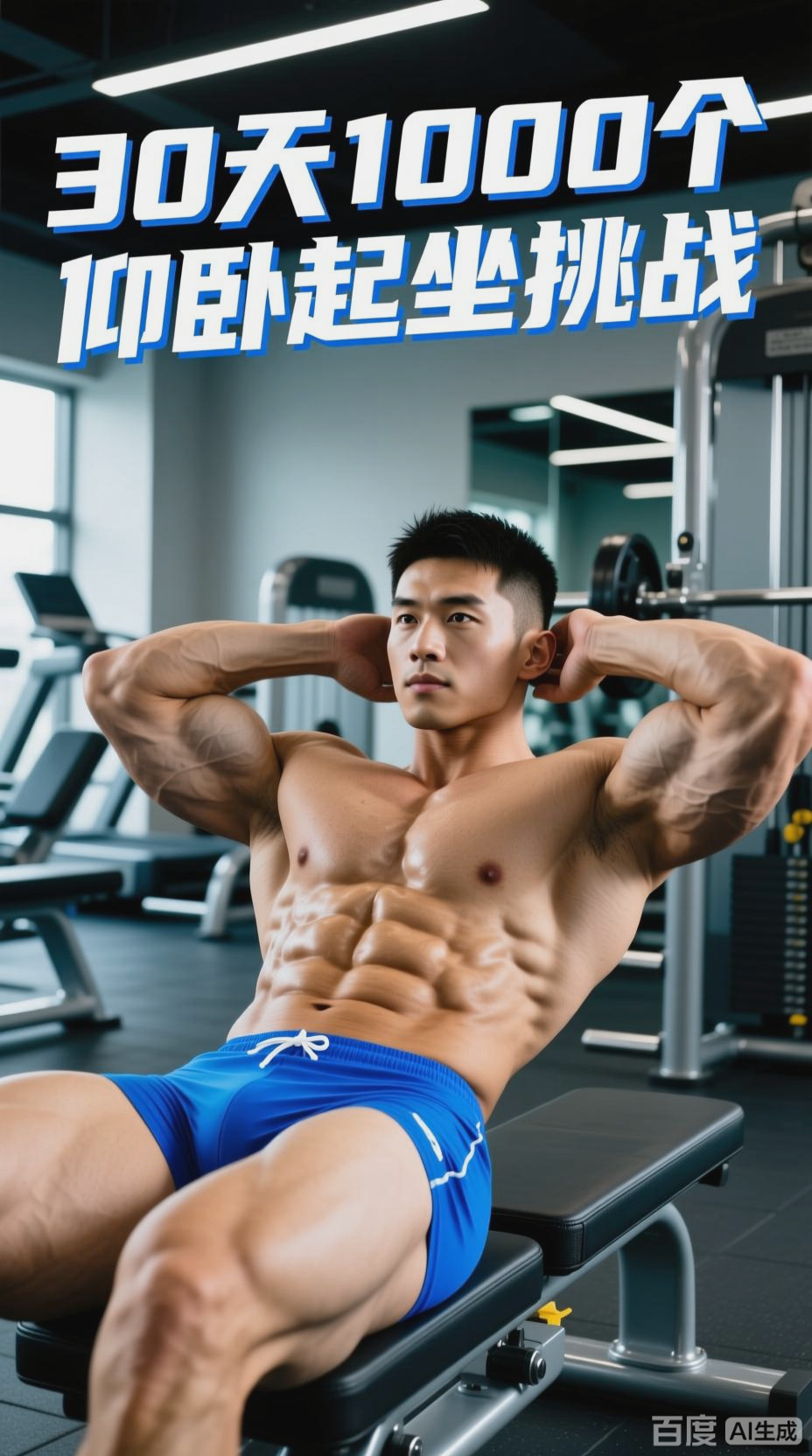 肌肉男蓝色泳裤仰卧起坐