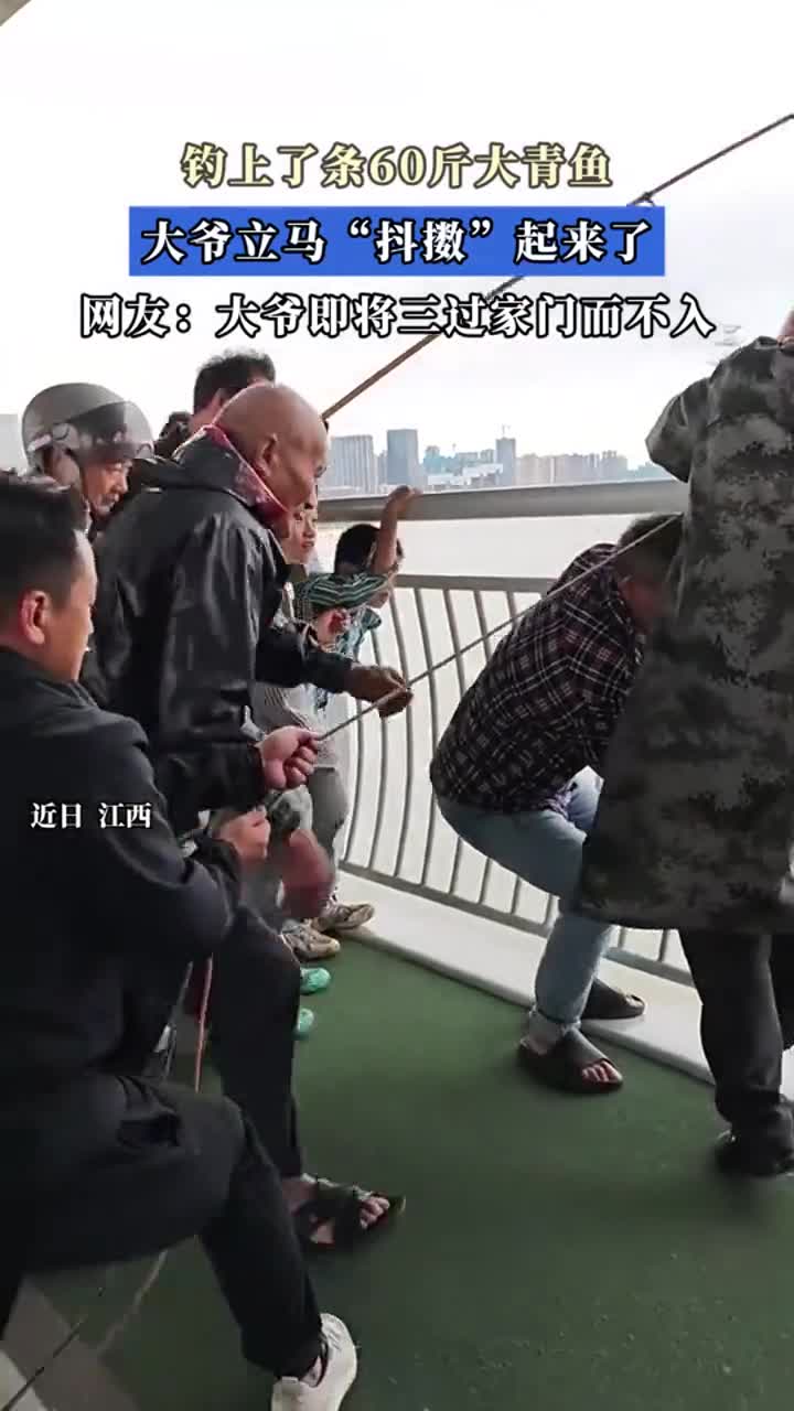 大爷钓上60斤大青鱼，瞬间精神抖擞！