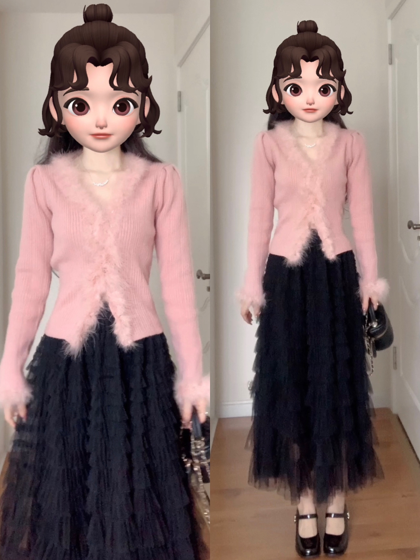 毛毛上衣配蛋糕裙 内搭单穿都好看!