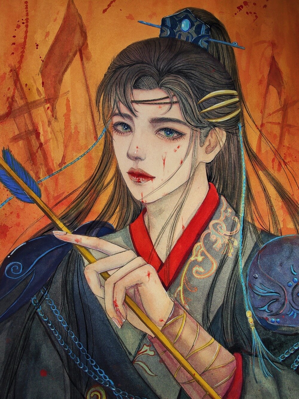 原创手绘古风水彩插画,女将情头来了