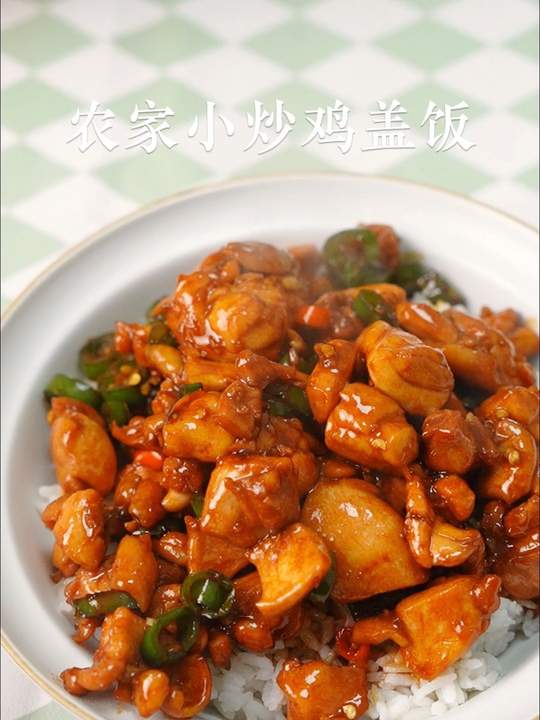 农家小炒鸡拌饭,鸡肉焦香嫩滑,酱汁裹饭超好吃!