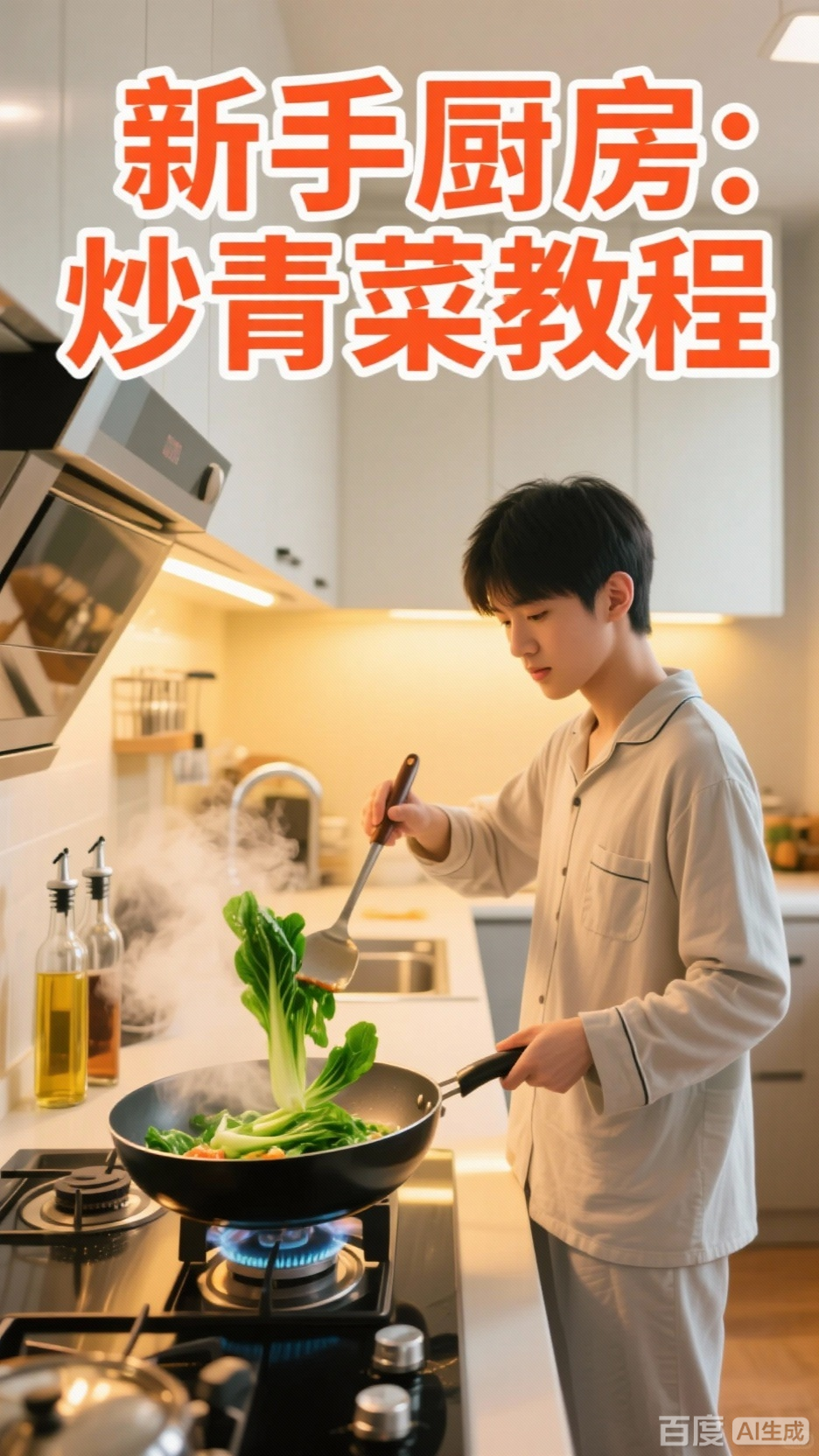 学生炒青菜的烹饪过程