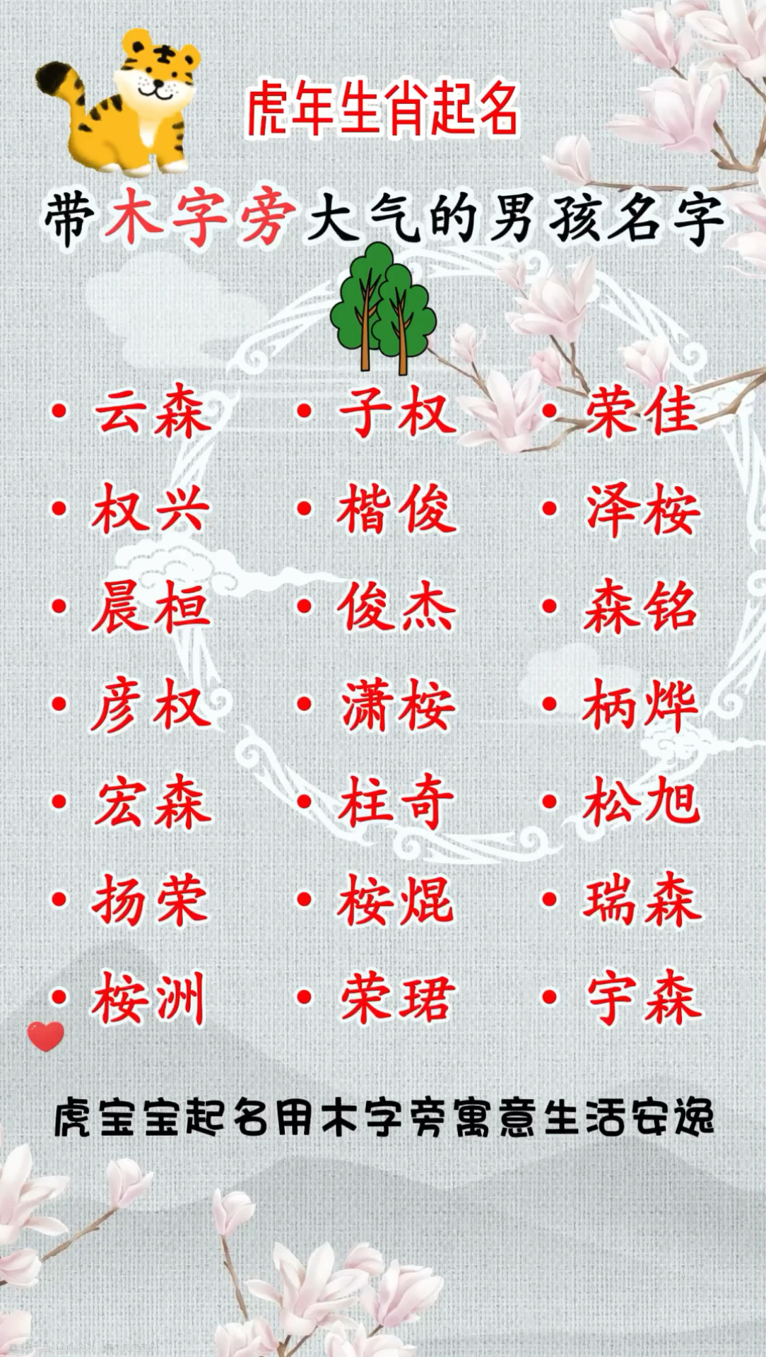 虎年男孩木字旁吉祥大气的名字大全