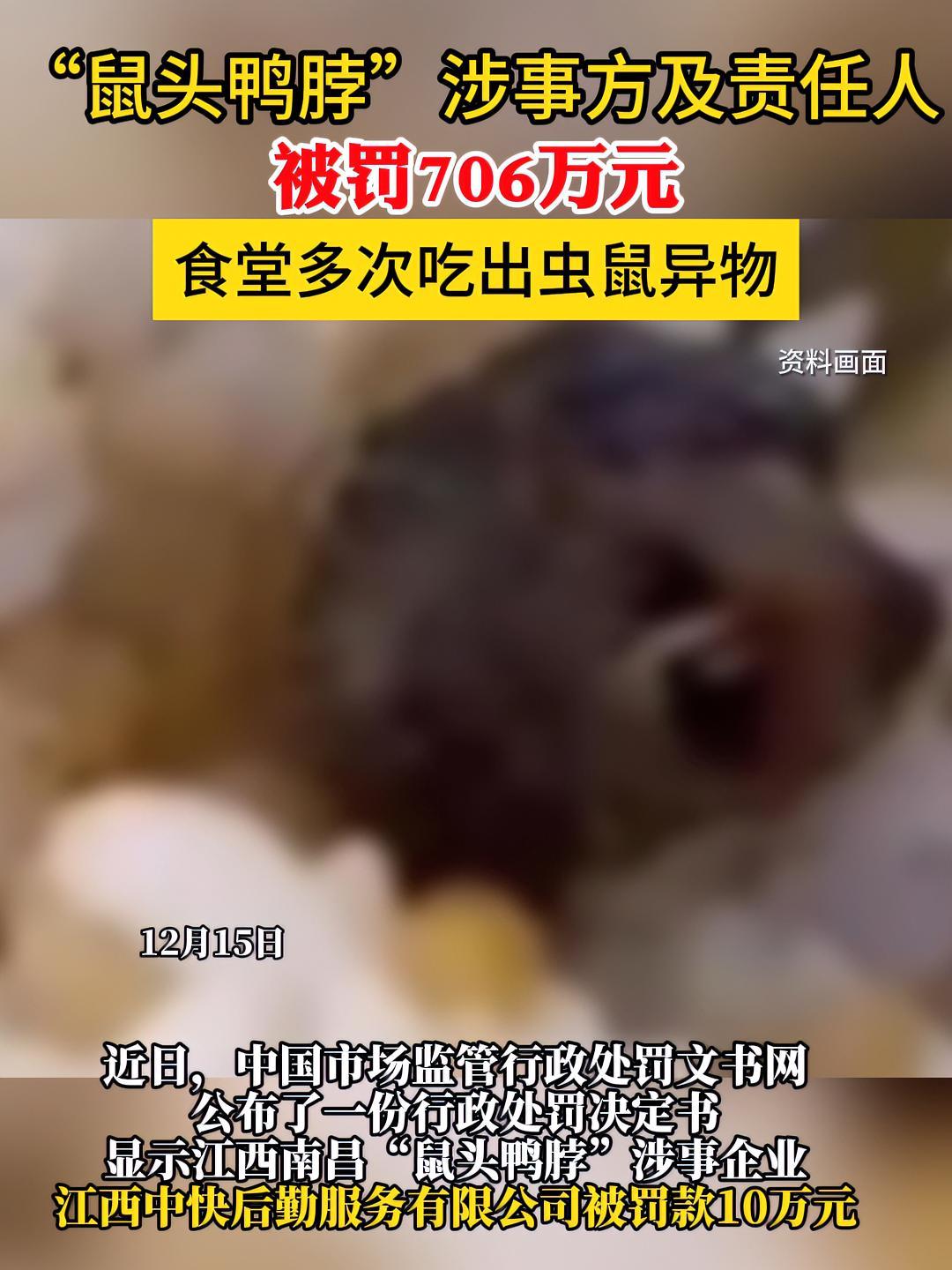 “鼠头鸭脖”涉事方及责任人被罚706万元 食堂多次吃出虫鼠异物 食堂 学校 学校食堂