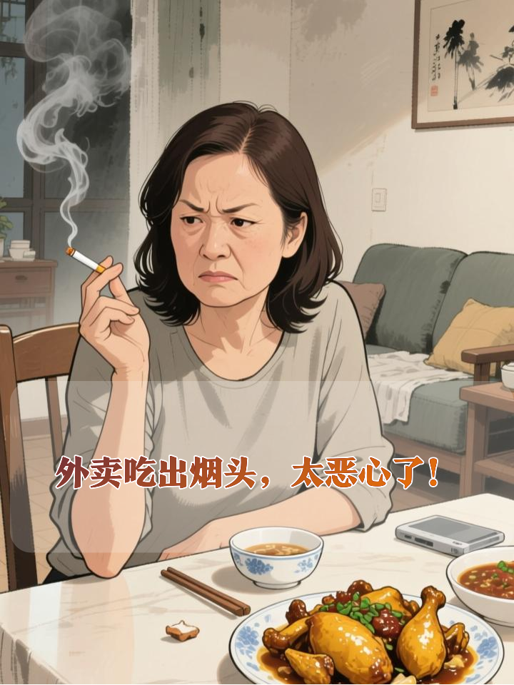 女子点黄焖鸡外卖吃出烟头，瞬间反胃