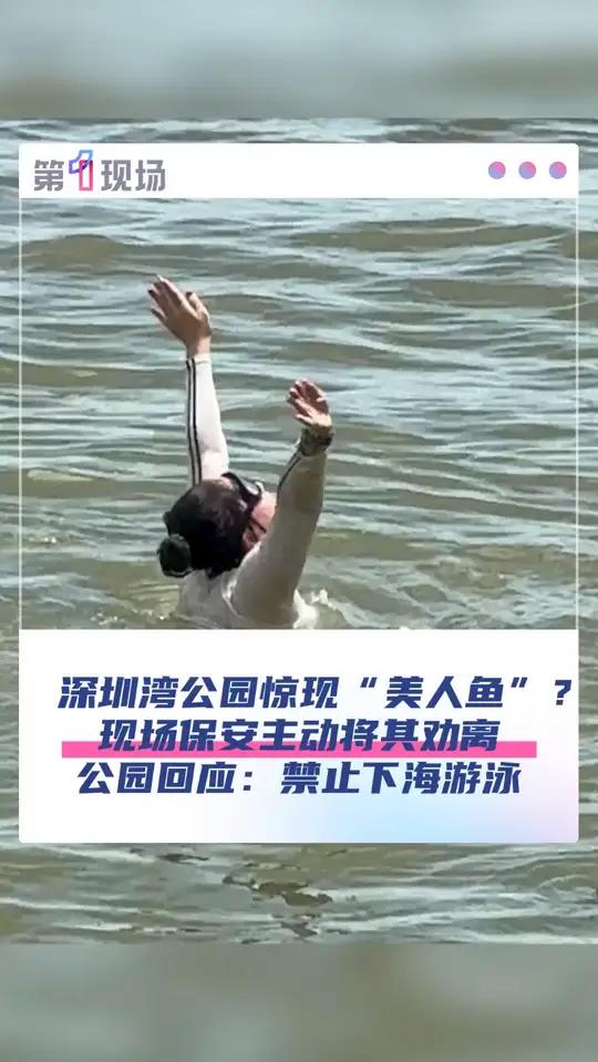 近日,广东深圳,网友发布视频表示:深圳湾公园惊现“美人鱼”,一女子在深圳湾里游泳,现场保安