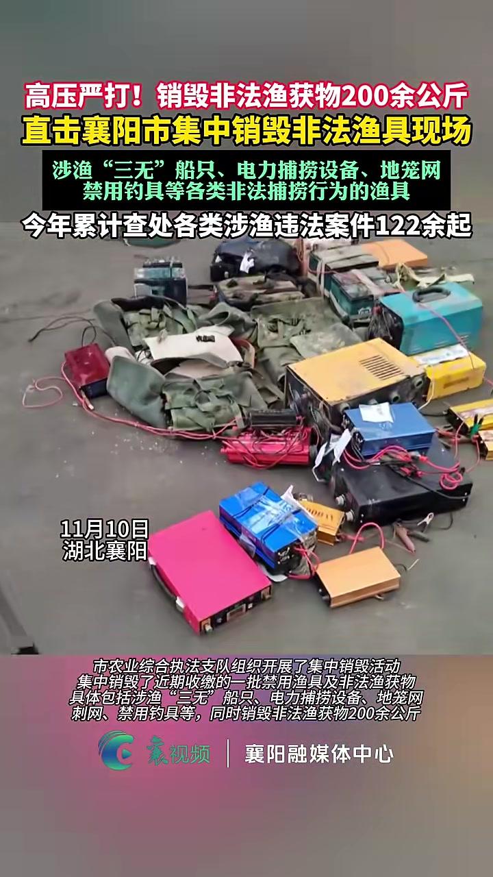 高压严打！销毁非法渔获物200余公斤！直击襄阳市集中销毁非法渔具现场，今年累计查处各类涉渔