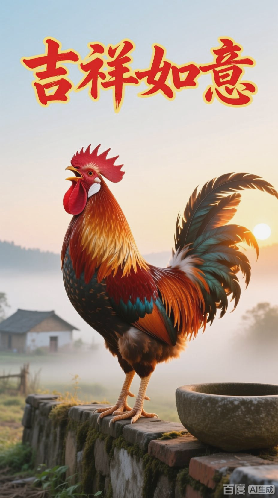 公鸡打鸣,吉祥如意