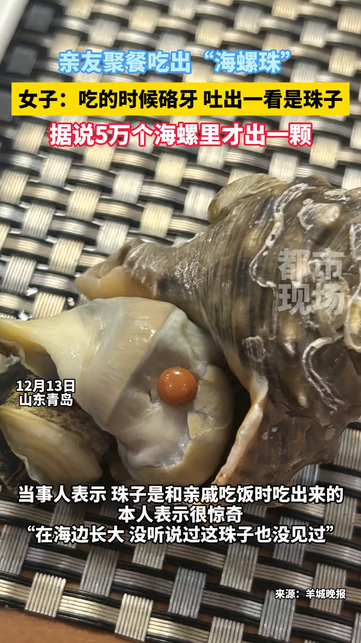女子和亲友聚餐时吃出“海螺珠”,女子:吃的时候硌牙