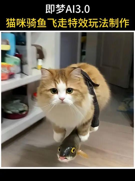 猫咪骑车鱼飞走特效玩法制作,可以一键制作哦