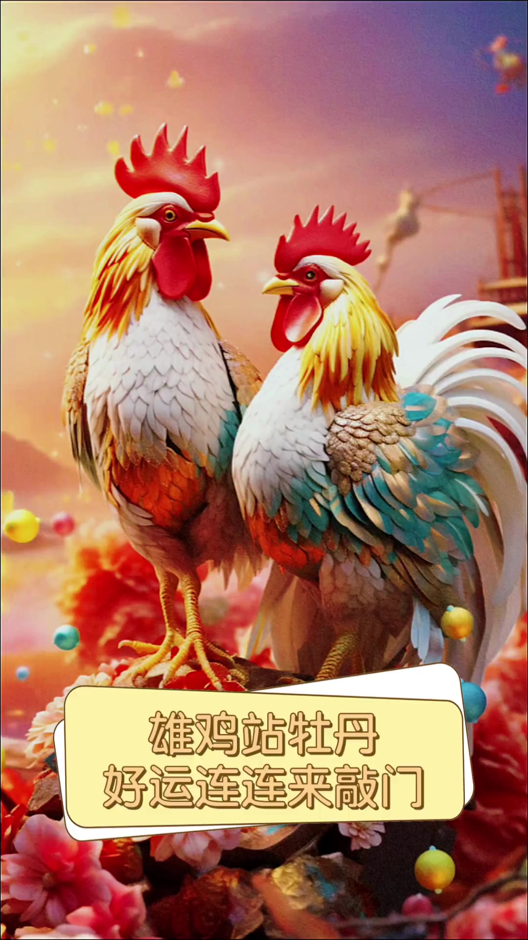 雄鸡站牡丹,好运连连来敲门