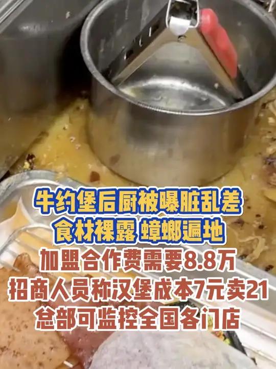 牛约堡后厨被曝脏乱差,食材裸露、蟑螂遍地,加盟合作费需要8.8万,招商人员称汉堡成本7元卖