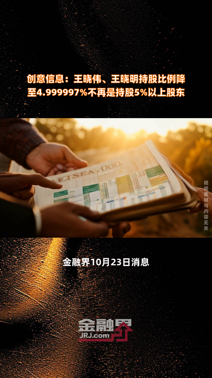 创意信息:王晓伟、王晓明持股比例降至4.999997%不再是持股5%以上股东|快报