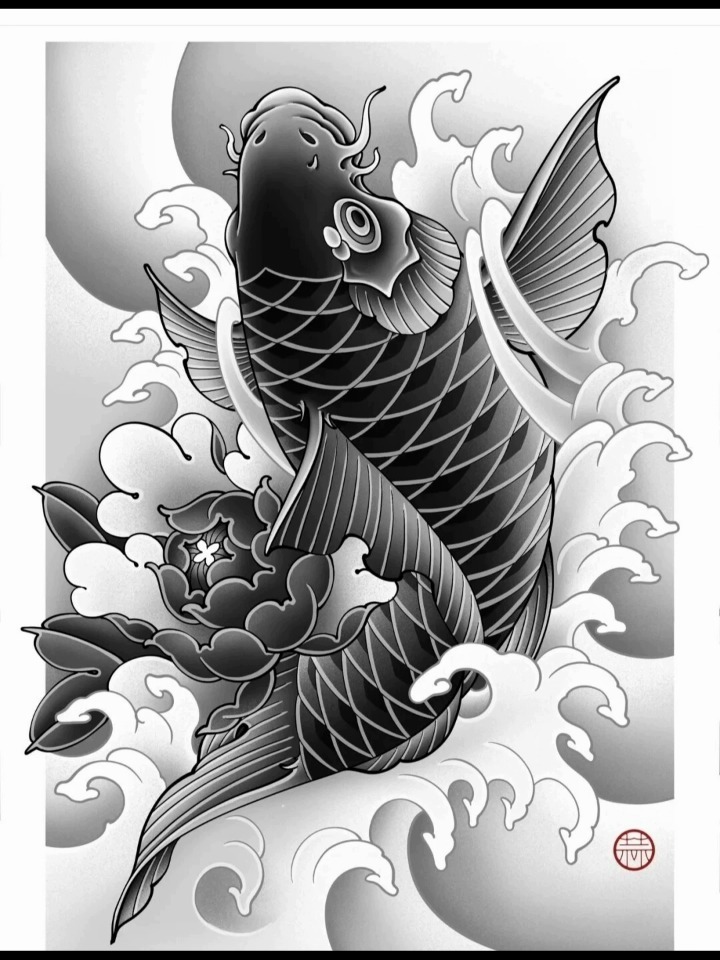 富贵鲤鱼纹身手稿