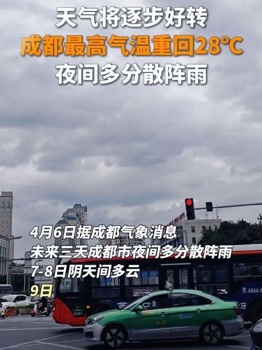 #成都天气# 预计未来三天成都市夜间多分散阵雨，7-8日阴天间多云，9日转为多云间晴好天气