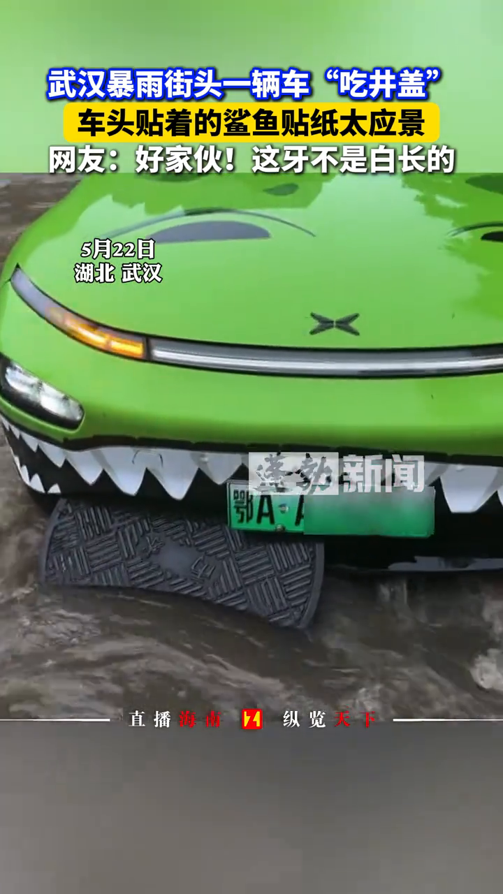 武汉暴雨街头一辆车“吃井盖”,车头贴着的鲨鱼贴纸太应景