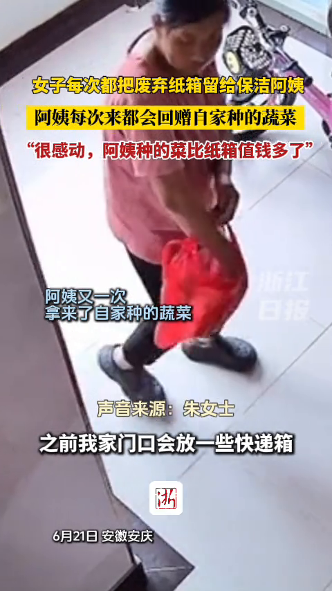 女子每次都把废弃纸箱留给保洁阿姨 阿姨回赠自家种的蔬菜