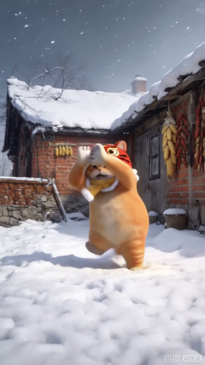 虎帽橘猫雪地搞怪
