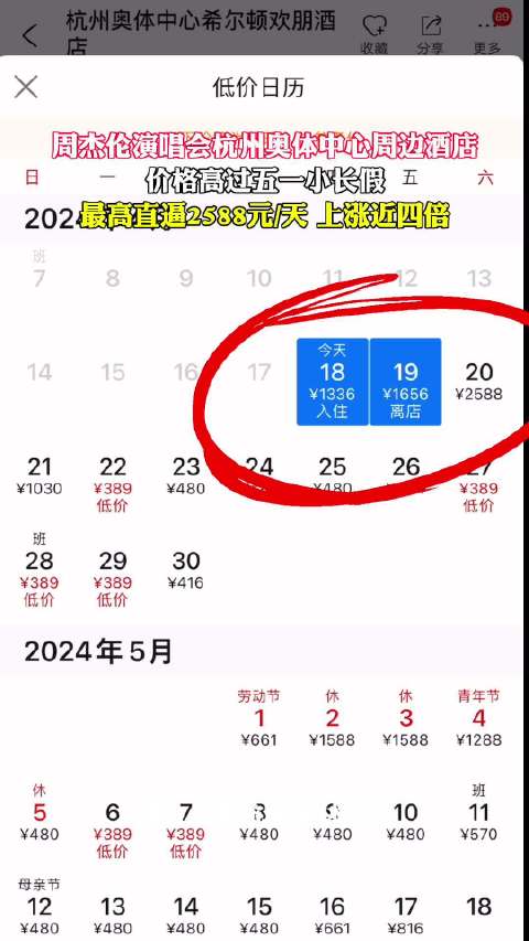 周杰伦演唱会周边酒店高达2588一天「杭州奥体中心周边酒店价格高过五一,最高直逼2588元