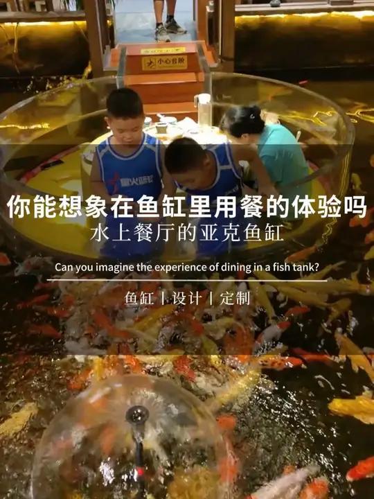 你能想象坐在鱼缸里用餐的体验吗?亚克力鱼缸设计 大型亚克力鱼缸 水族馆设计 锦鲤鱼池 酒店