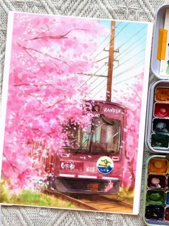 水彩画教程|樱花列车入门风景手绘