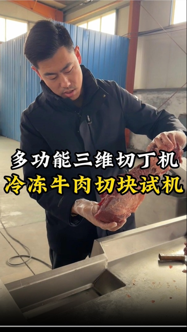 多功能三维切丁机,冷冻牛肉切块试机,切块方正,高效快速