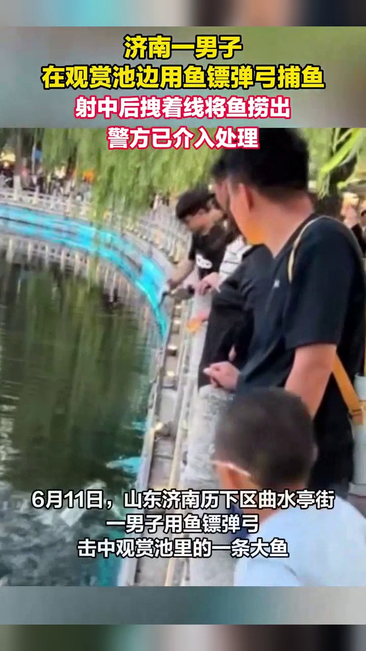 济南一男子用鱼镖弹弓射中观赏池大鱼，拽着线将鱼捞出，警方回应