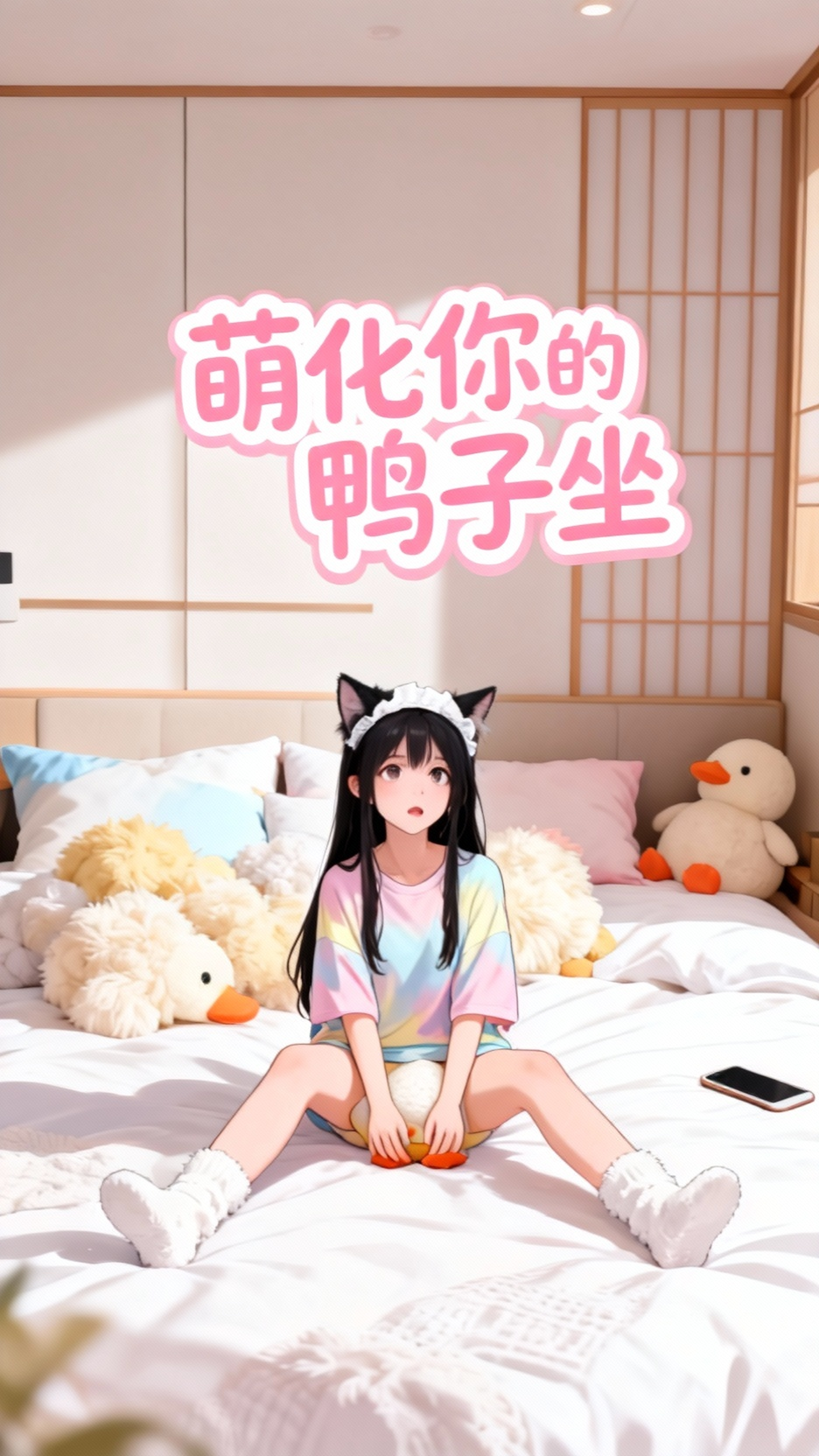 温暖可爱的动漫角色鸭子坐场景