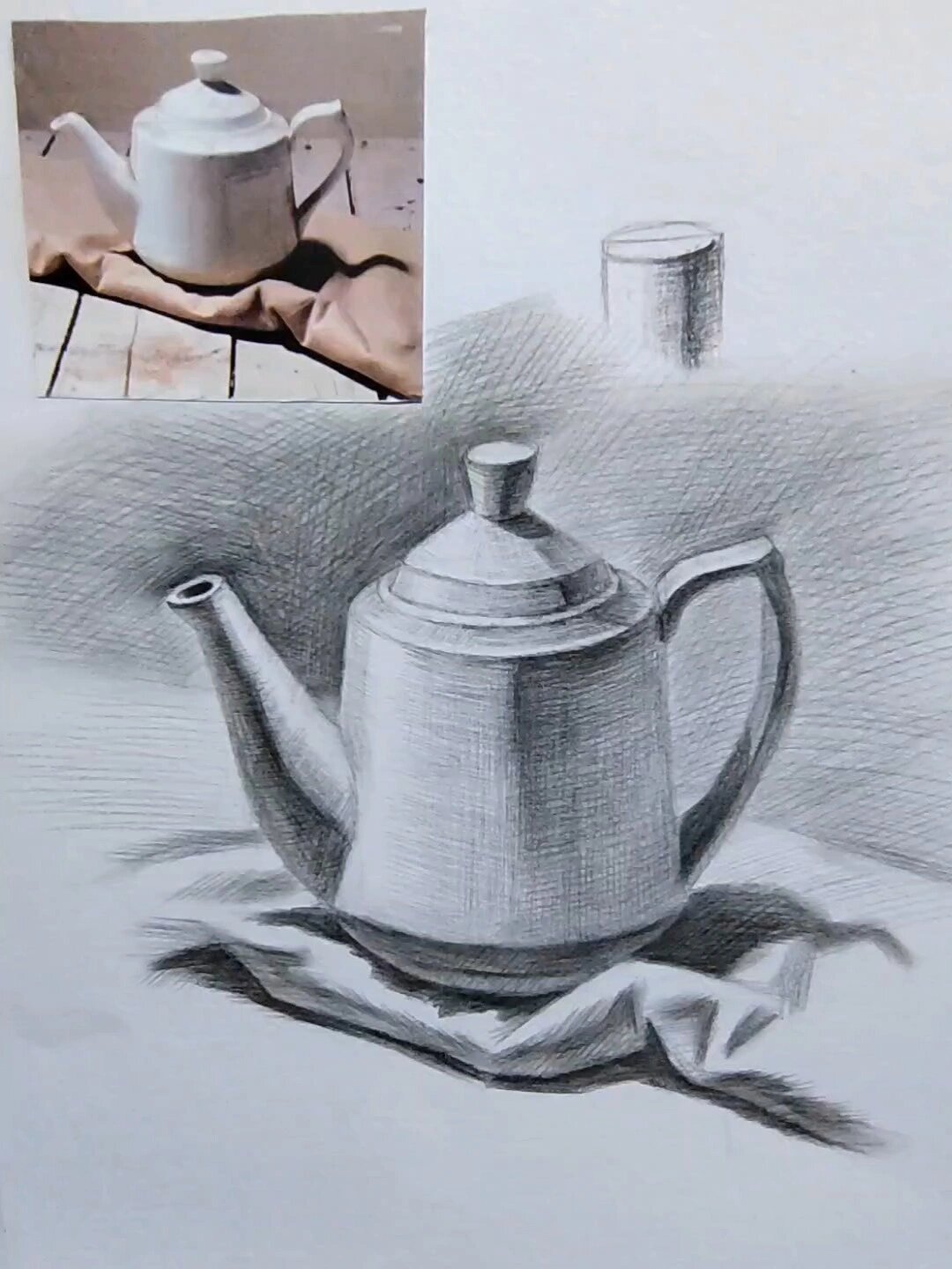 简单易学的素描静物白色陶瓷水壶画法