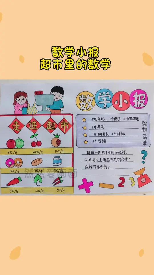 数学小报走进超市,超市里的数学手抄报,购物清单手抄报 用尺子画手抄报,线稿原图可打印