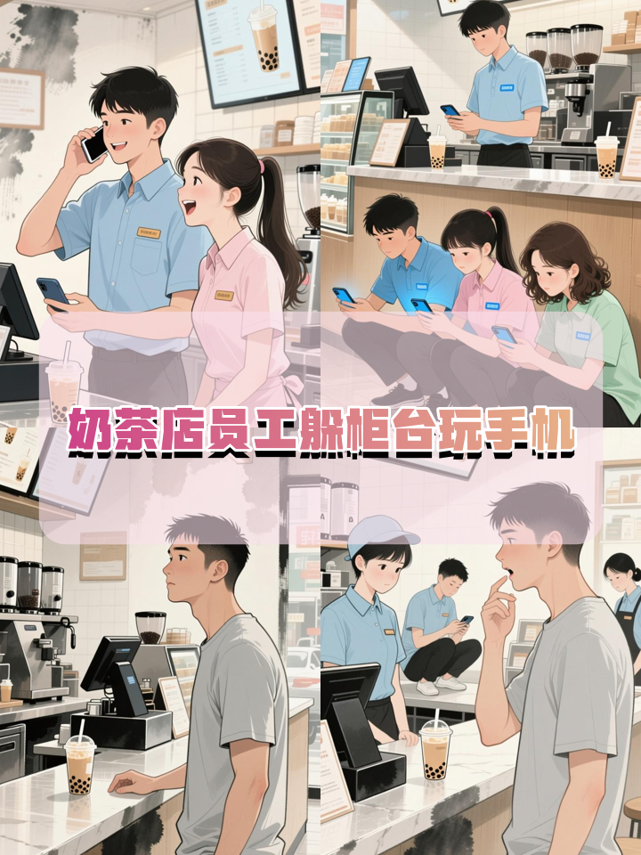 老板查看奶茶店监控，发现员工在桌下躺着玩手机，顾客来也没看见