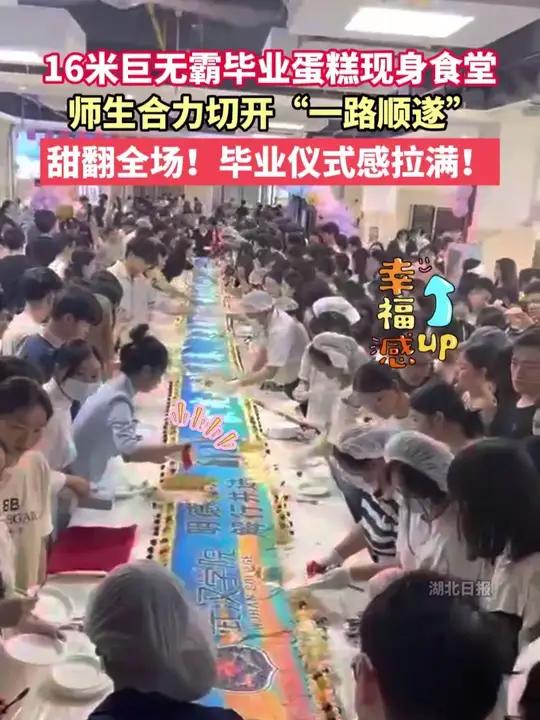 16米巨无霸毕业蛋糕现身食堂，师生合力切开“一路顺遂”，甜翻全场！毕业仪式感拉满！毕业季（