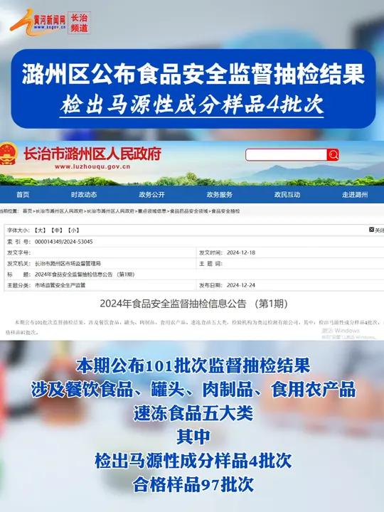 潞州区公布食品安全监督抽检结果,检出马源性成分样品4批次!