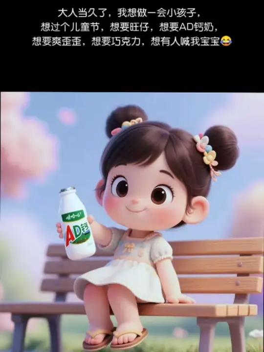 “大人当久了，我想做会小孩子，想过个儿童节，想要旺仔，想要AD钙奶，想要爽歪歪，想要巧克力
