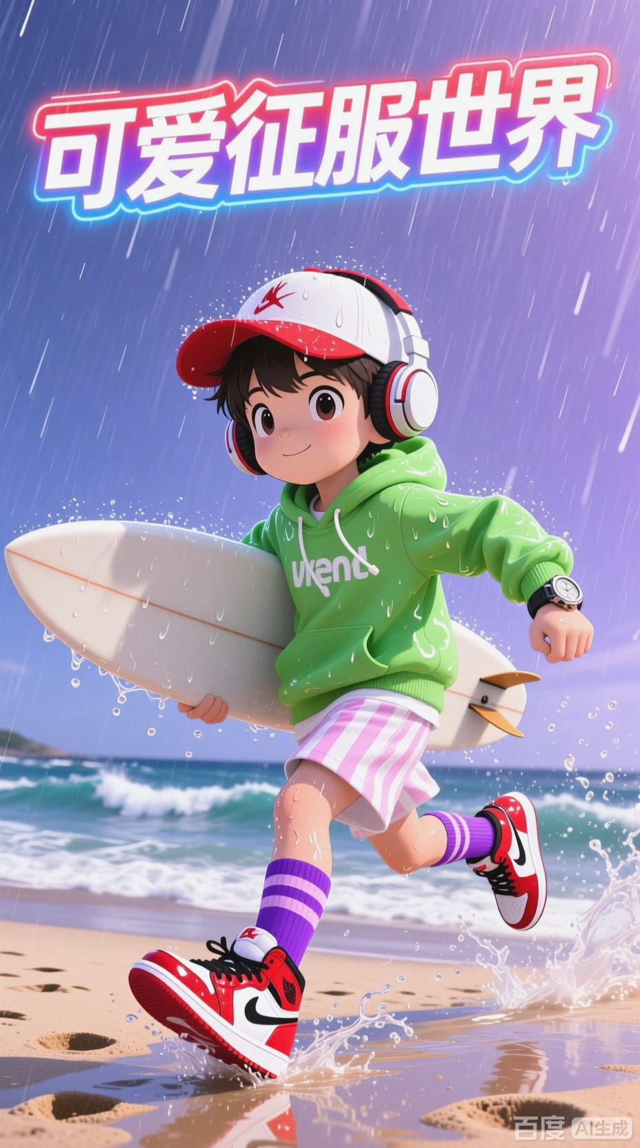 Q版灌篮风，雨中冲浪小男孩