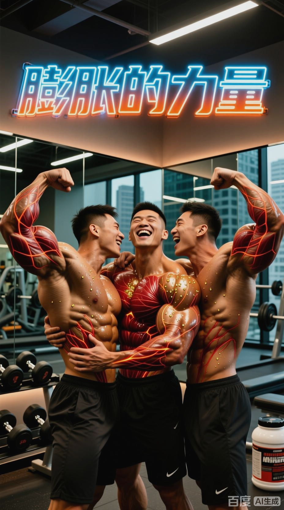 肌肉膨胀，激情拥抱