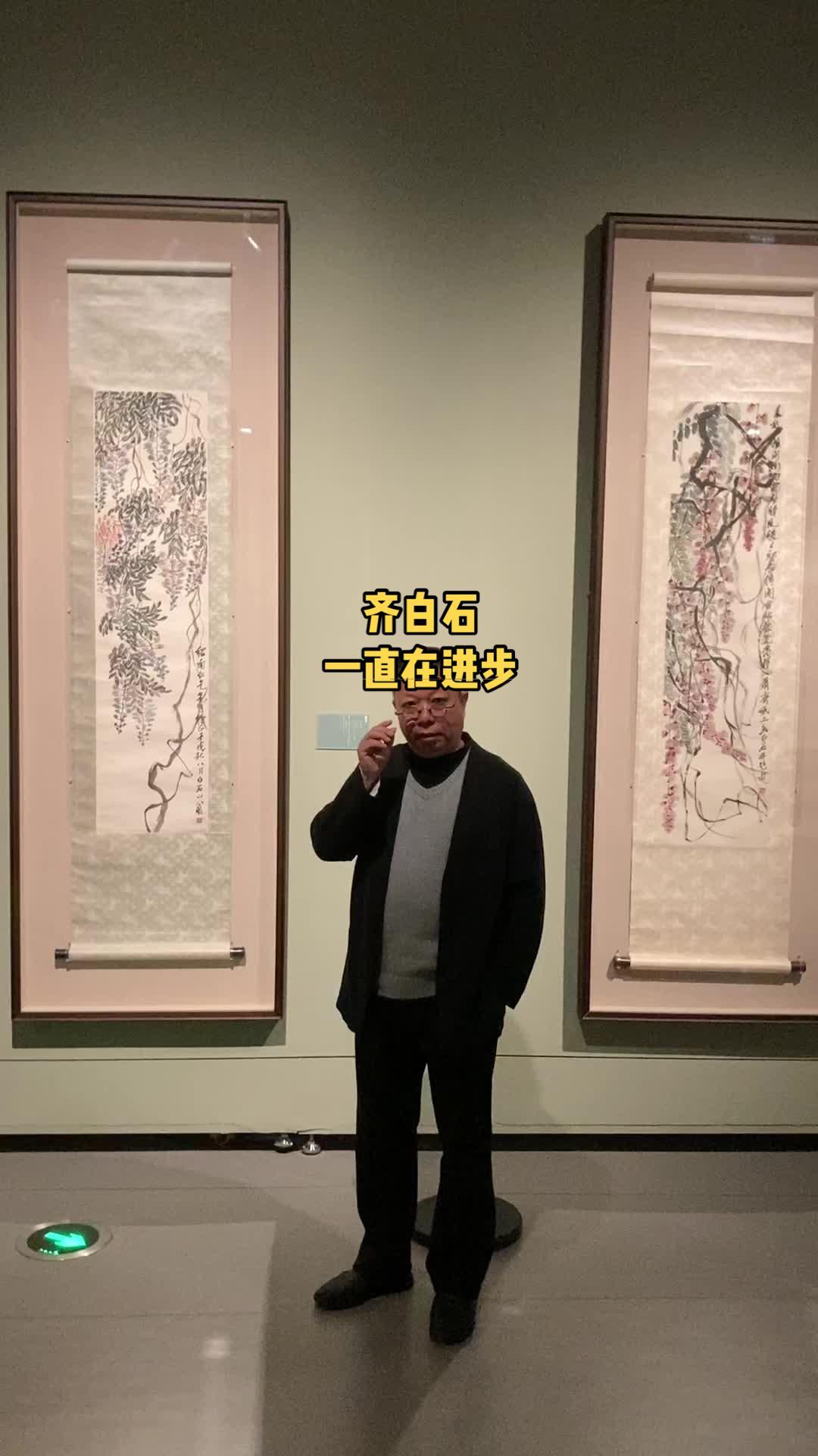 陈子游老师,湖南美术馆现场解读齐白石作品,从两幅不同时期的紫藤,可以看出齐白石一直在进步 