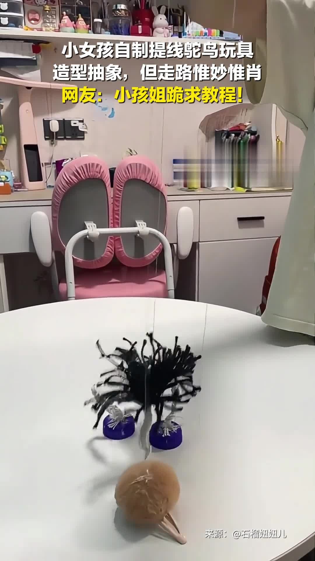 小女孩自制提线鸵鸟玩具,造型抽象,但走路惟妙惟肖,网友:小孩姐跪求教程