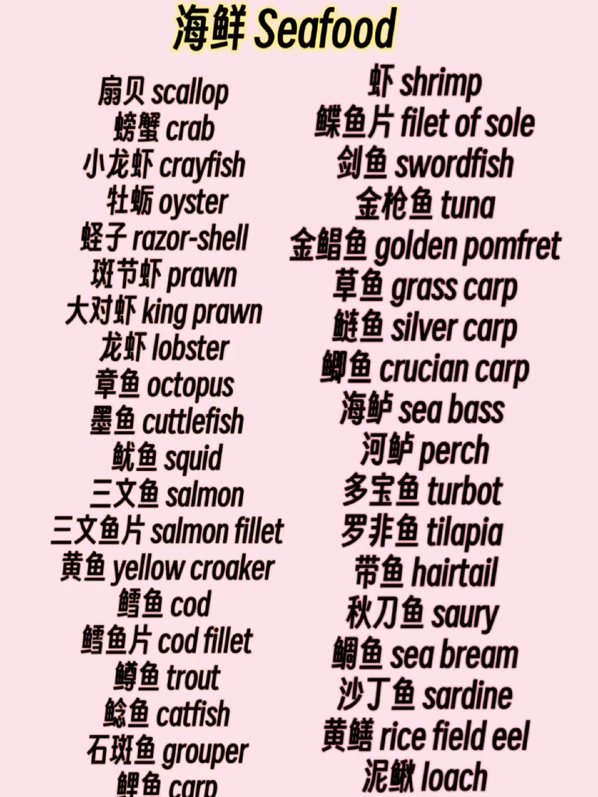 常见海鲜鱼类贝类英语单词汇总