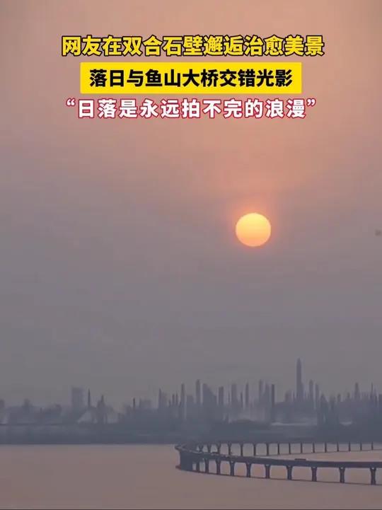 网友在双合石壁邂逅治愈美景,落日与鱼山大桥交错光影